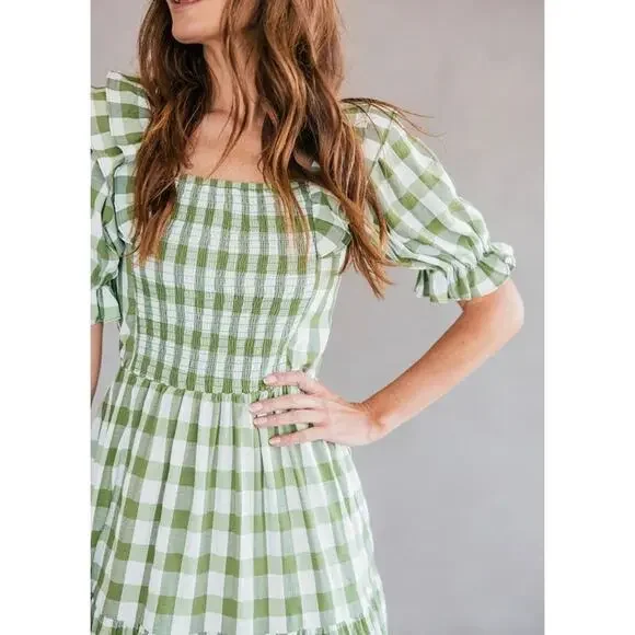 JessaKae Orchard Green & White Gingham Dress Cottagecore Prariecore Elastic | S - Picture 4 of 16